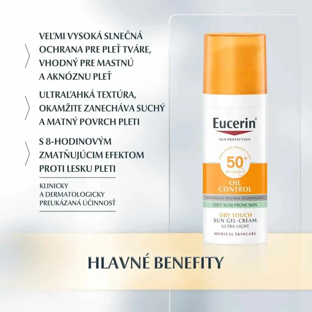 Eucerin Sun Oil Control SPF50+ ochranný opaľovací gélový krém na tvár 50ml benefity